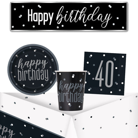 40th Birthday Black and Silver Glitz Tableware Pack for 8 with FREE Banner!
