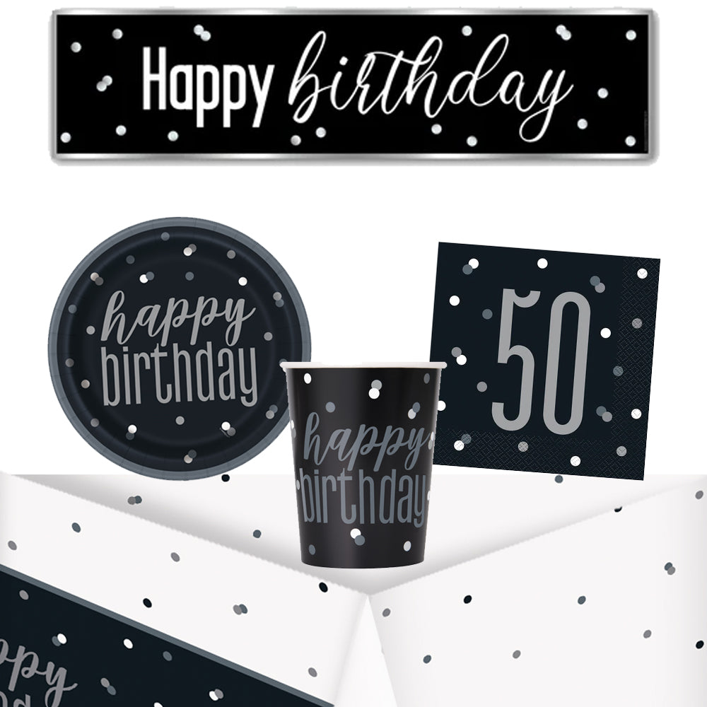 50th Birthday Black and Silver Glitz Tableware Pack for 8 with FREE Banner!