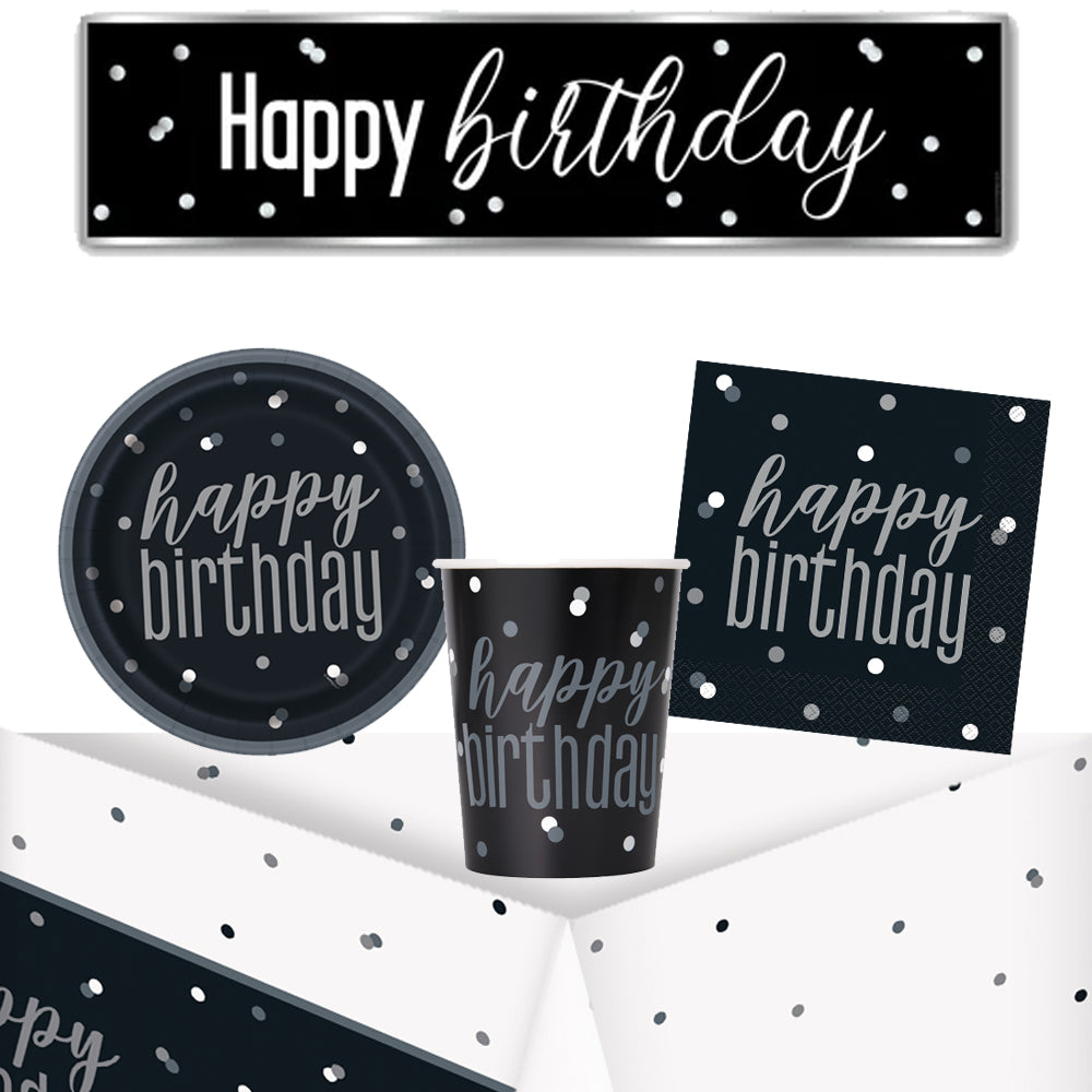 Black & Silver Birthday Glitz Tableware Pack for 8 with FREE Banner!