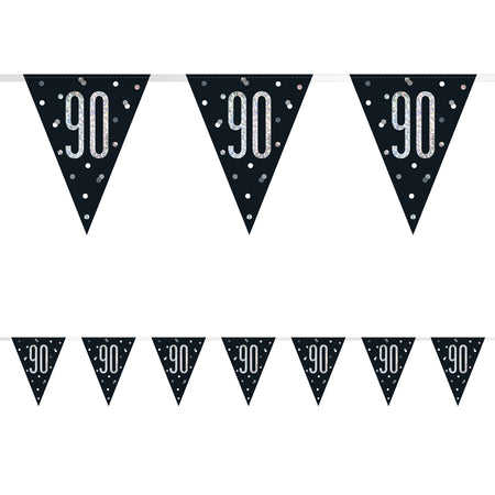 Birthday Glitz Black & Silver 90th Flag Bunting - 2.7m