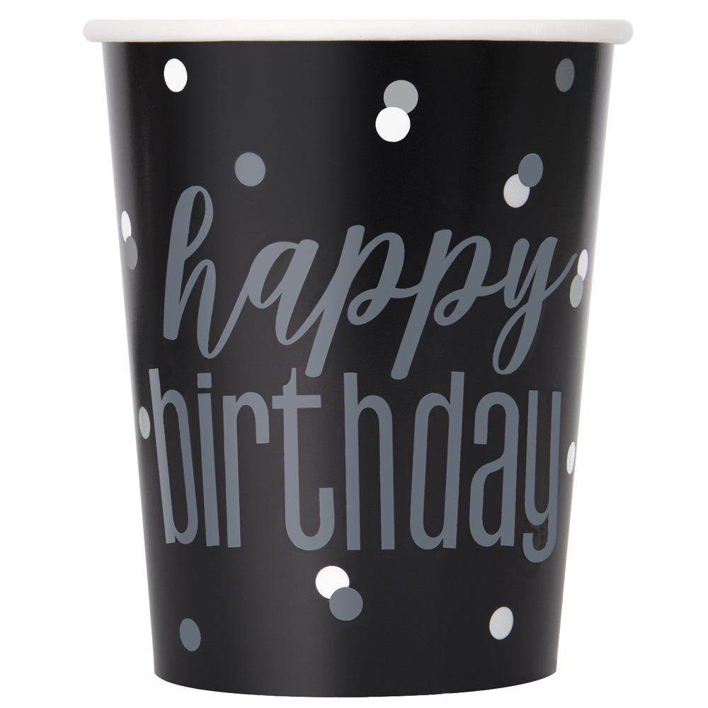 Birthday Glitz Black & Silver Happy Birthday Paper Cups - 255ml - Pack of 8