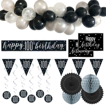 100th Birthday Black & Silver Glitz Decoration Pack