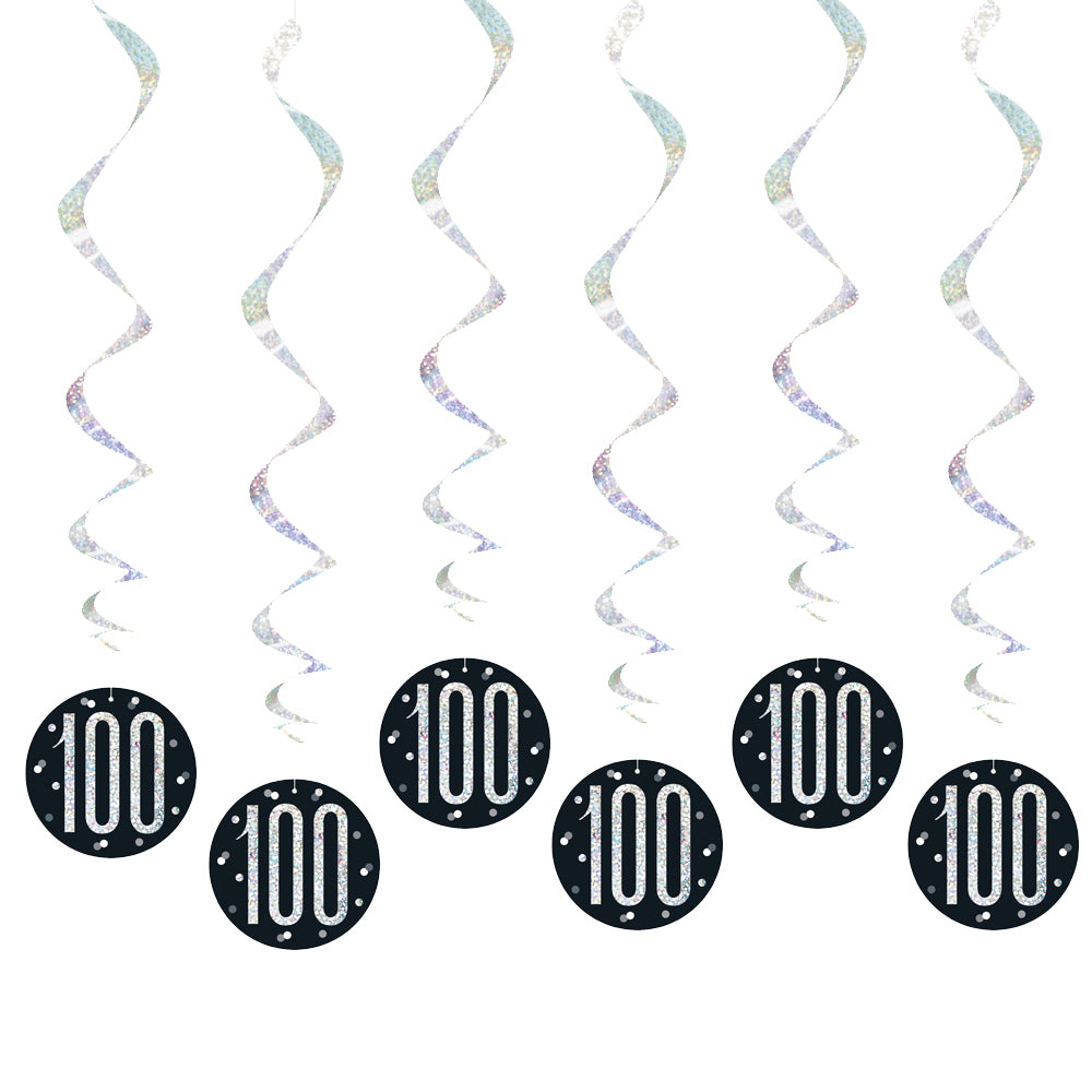 Birthday Glitz Black & Silver 100th Hanging Swirl Decorations - 80cm - Pack of 6