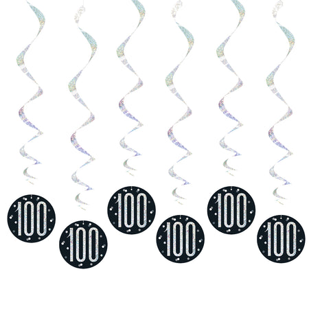 Birthday Glitz Black & Silver 100th Hanging Swirl Decorations - 80cm - Pack of 6