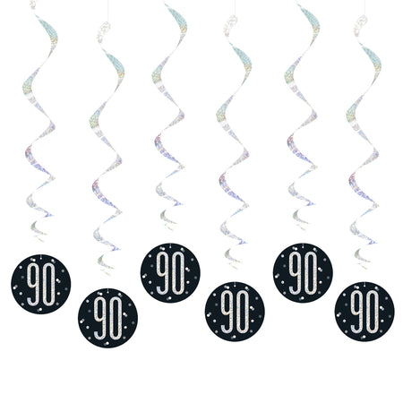 Birthday Glitz Black & Silver 90th Hanging Swirl Decorations - 80cm - Pack of 6