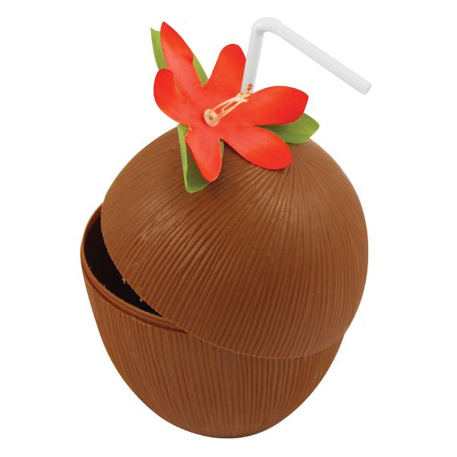 Plastic Coconut Cup With Flower & Straw 16oz Party Packs