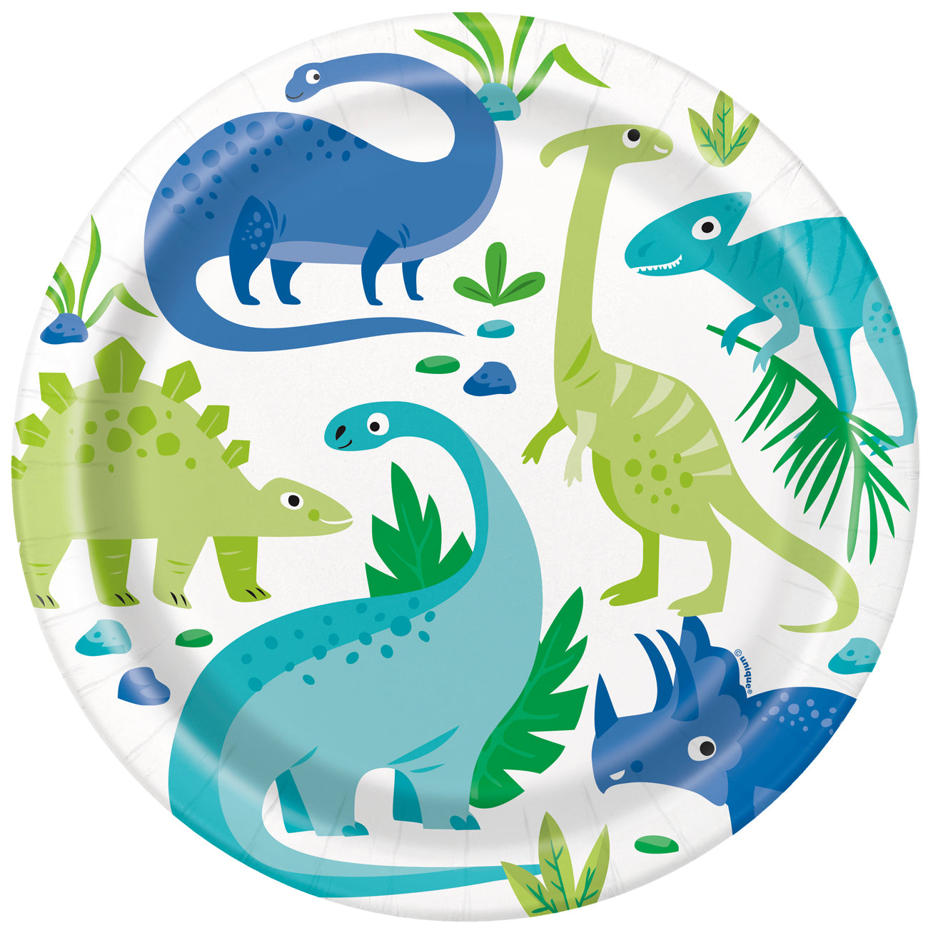 Blue and Green Dinosaur Paper Party Plates - 23cm - Pack of 8