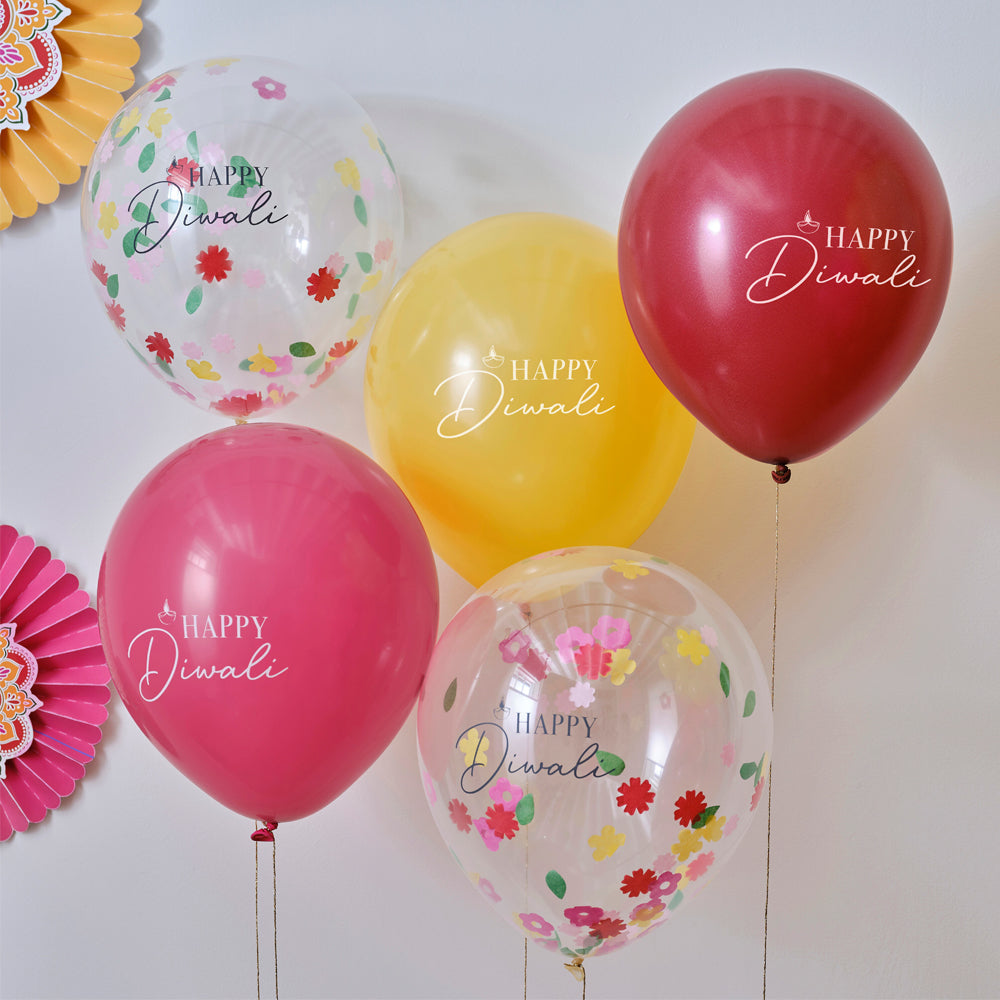 Multicoloured Happy Diwali Balloons - Pack of 5