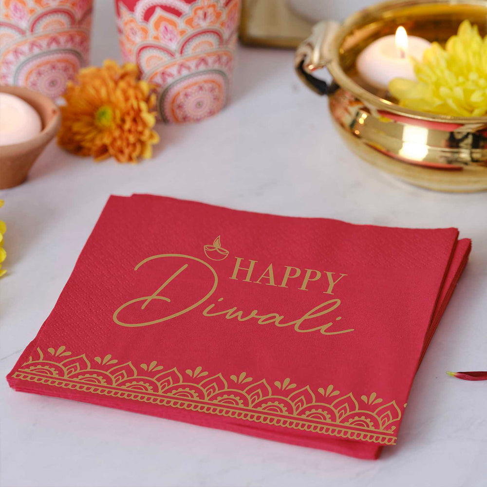 Red Happy Diwali Paper Napkins - Pack of 16