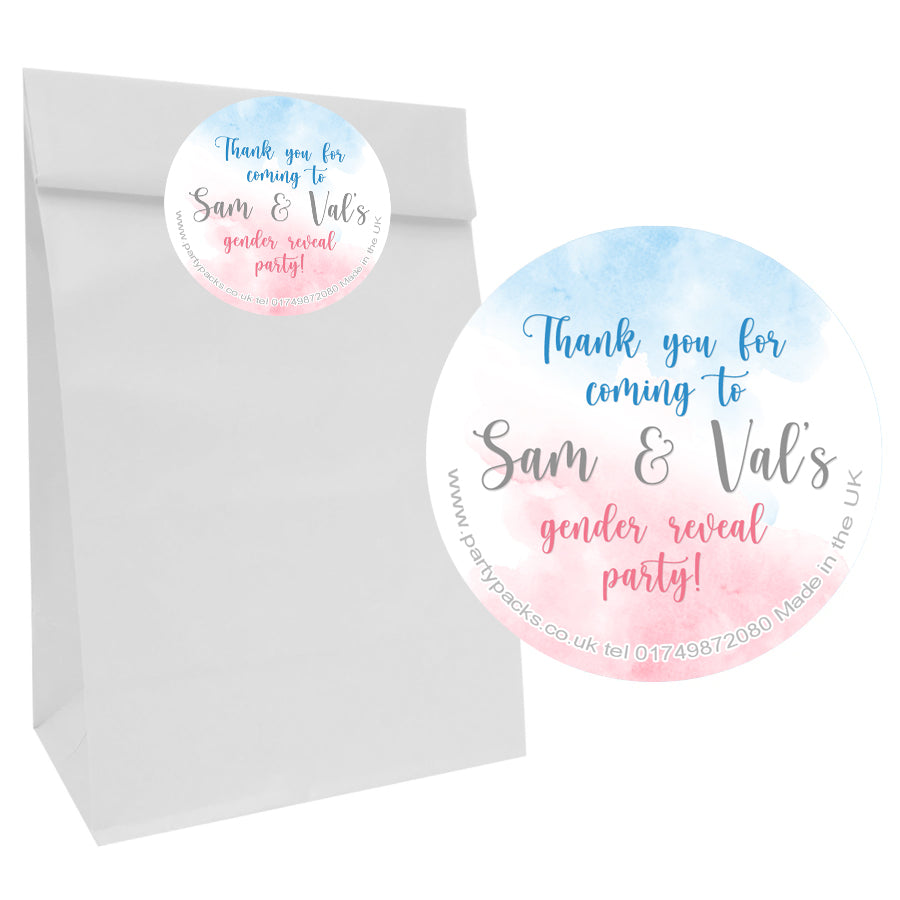 Personalised Gender Reveal Paper Party Bags with Personalised Round Stickers - Pack of 12
