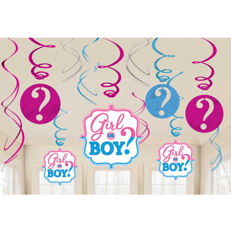 Gender Reveal Hanging Swirl Decorations- Pack of 12
