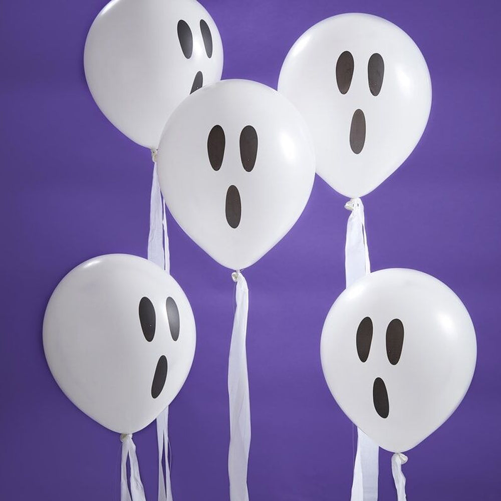 White Ghost Balloons With Streamers - Pack of 10