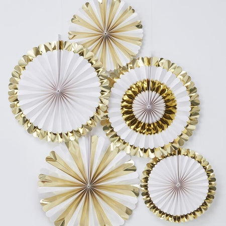 Gold & White Fan Decorations - Pack of 5