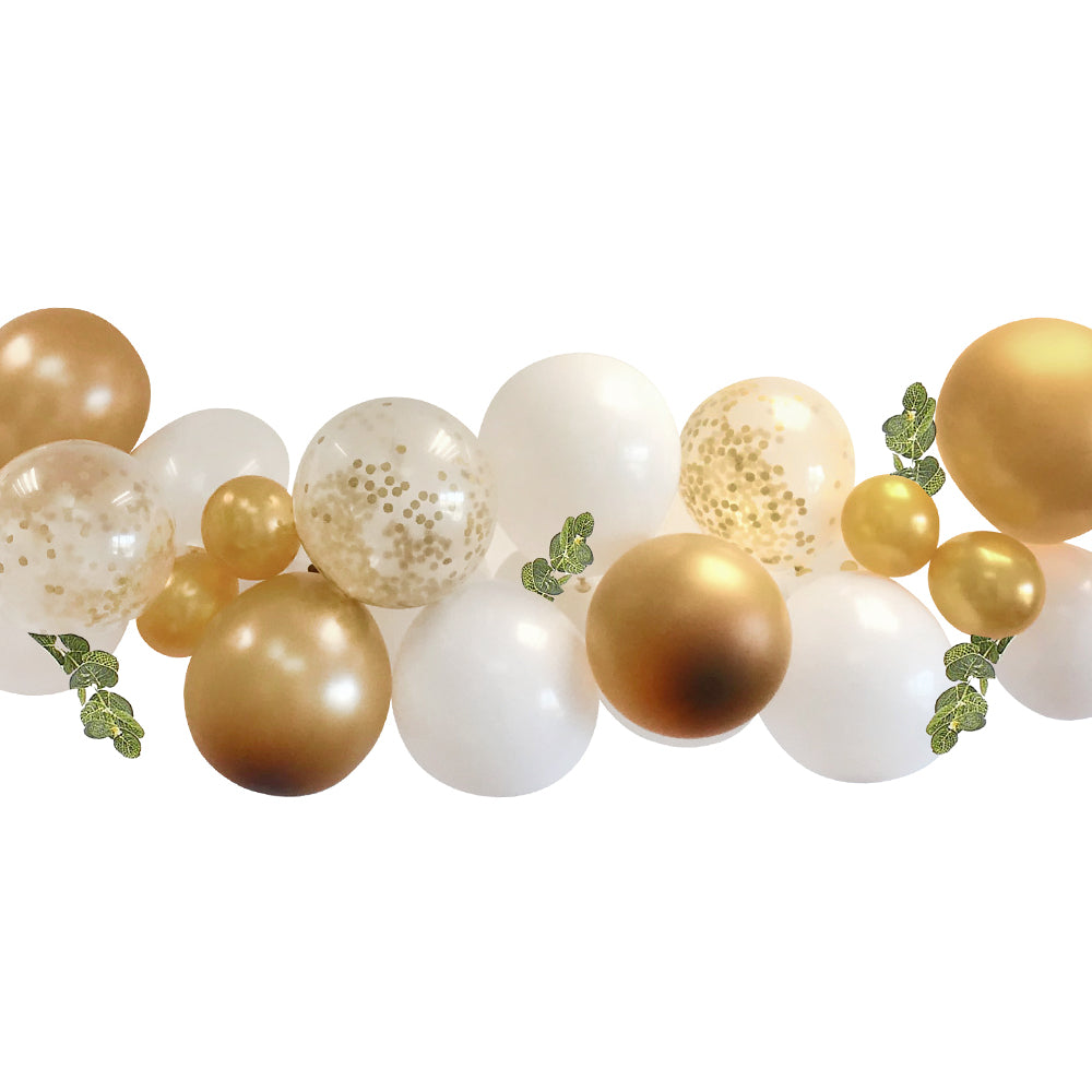 White and Gold Balloon Arch With Eucalyptus Foliage DIY Kit - 2.5m