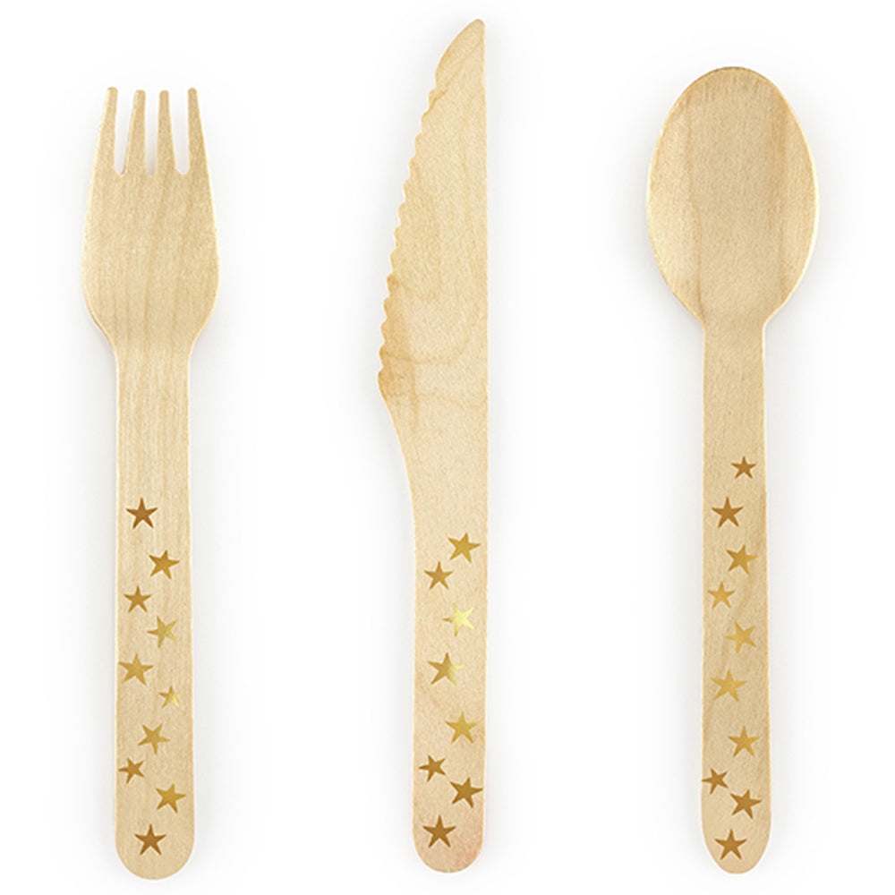 Gold Stars Wooden Cutlery - 16cm - Pack of 18