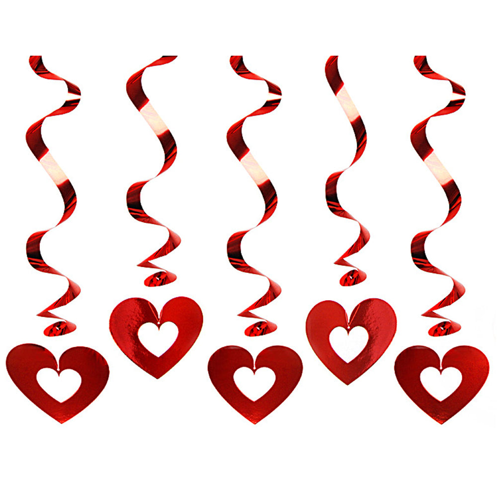 Red Heart Hanging Swirl Decorations - 60cm - Pack of 5