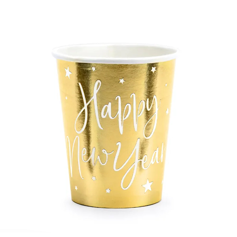 Happy New Year Gold Paper Cups - 220ml - Pack of 6