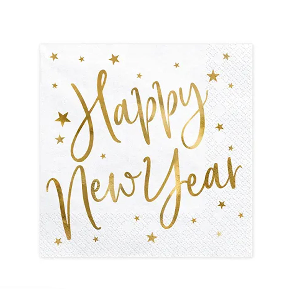 Happy New Year Gold and White Luncheon Napkins - 33cm - Pack of 20