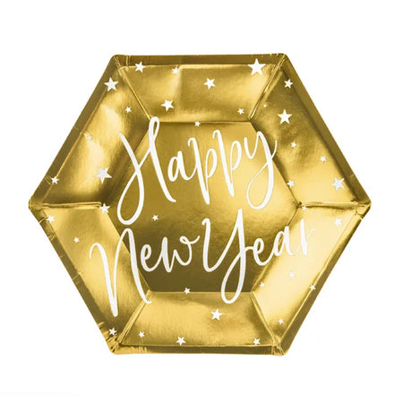 Happy New Year Gold Paper Plates - 20cm -Pack of 6