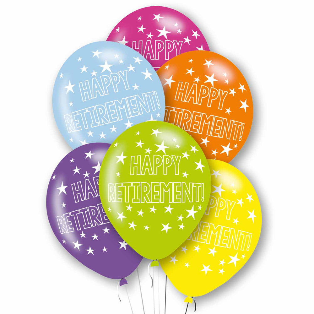 Happy Retirement Latex Balloons - Pack of 6 - Assorted Colours
