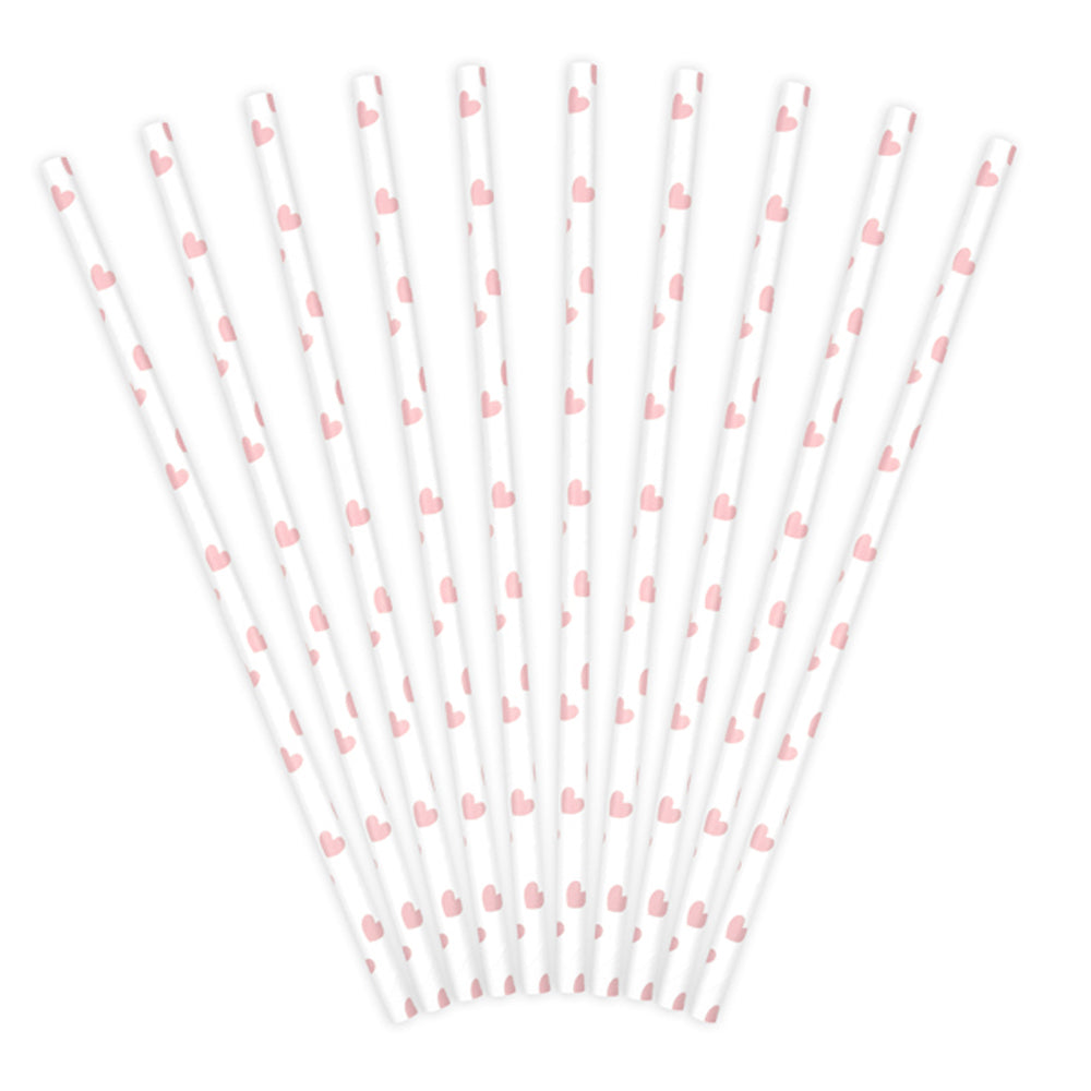 Pink and White Hearts Paper Straws - Pack of 10