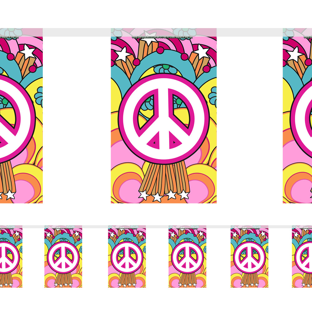 1960's Hippie 'Peace Sign' Themed Flag Bunting - 2.4m