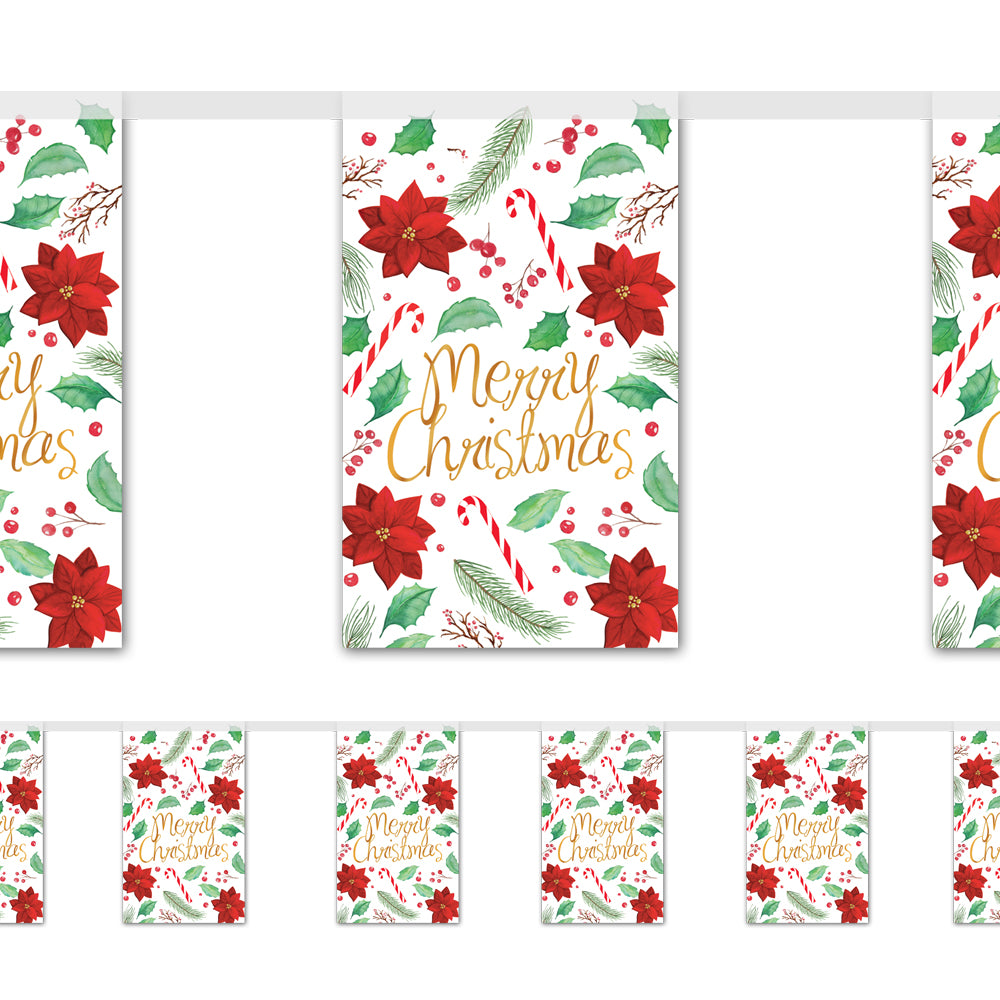 Holly & Poinsettia Merry Christmas Paper Flag Bunting Decoration