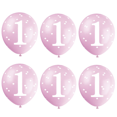 1st Birthday Pink Latex Balloon - 27.5cm - Pack of 6