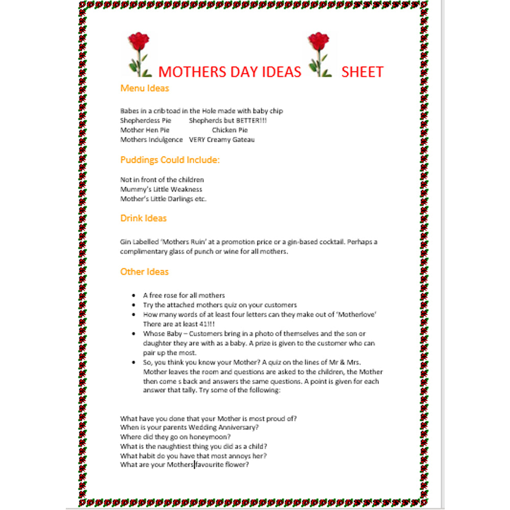 Mother's Day ideas sheet
