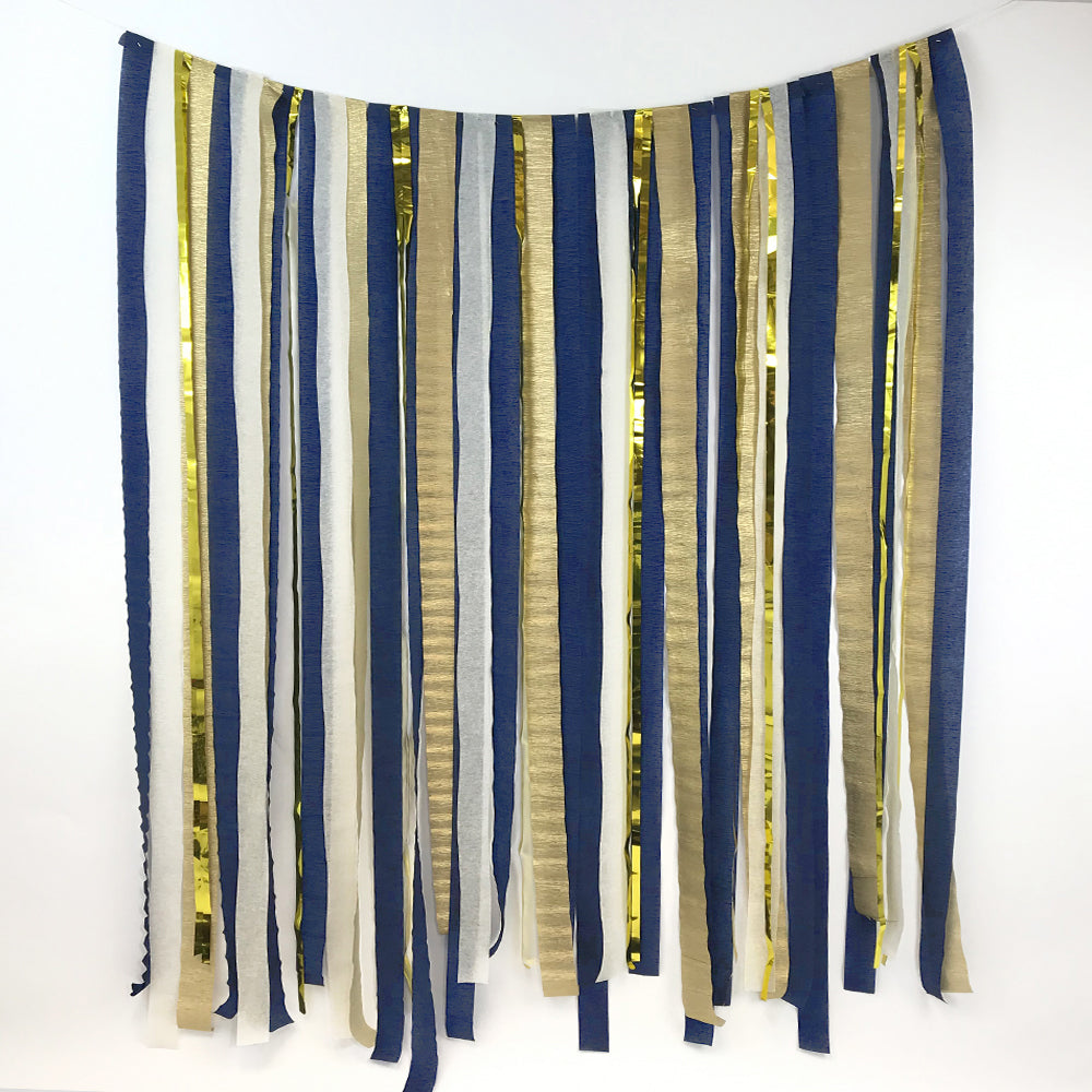 Navy Blue, Cream & Gold Paper Streamer DIY Backdrop Kit – Party Packs
