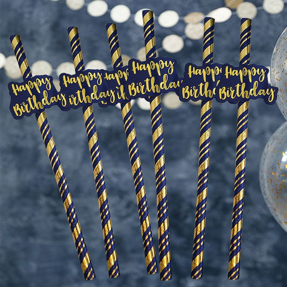 Happy Birthday Navy and Gold Paper Straws - Pack of 6