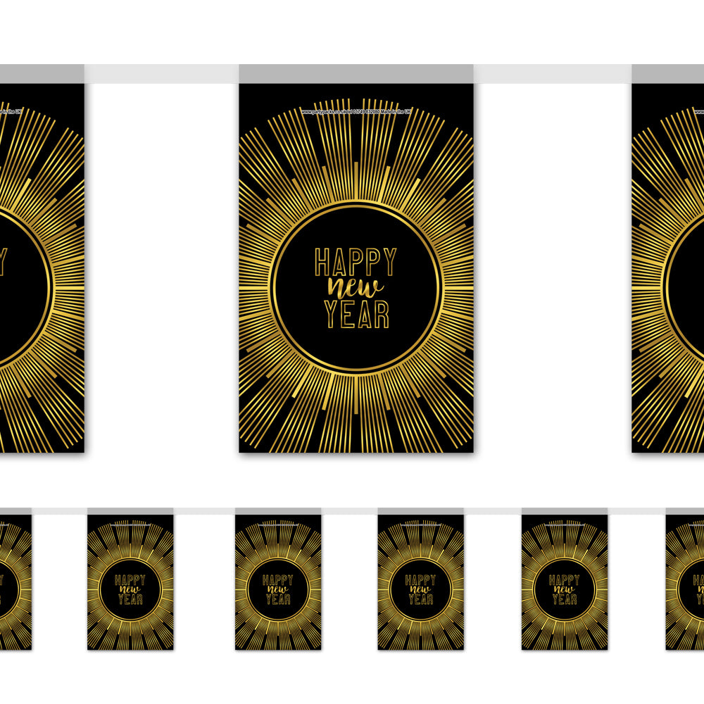 New Year's Eve Gold 'Happy New Year' Paper Flag Bunting Decoration - 2.4m