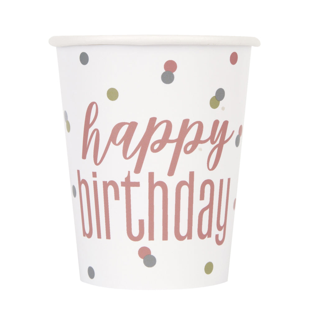 Birthday Glitz Rose Gold Happy Birthday Paper Cups - 250ml - Pack of 8