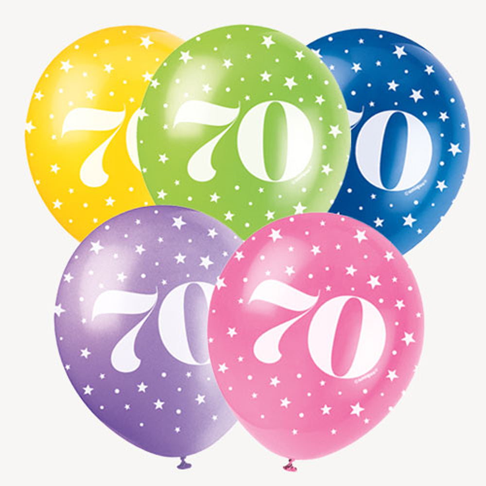 70th Birthday Latex Balloons 11" - Assorted - Pack of 5
