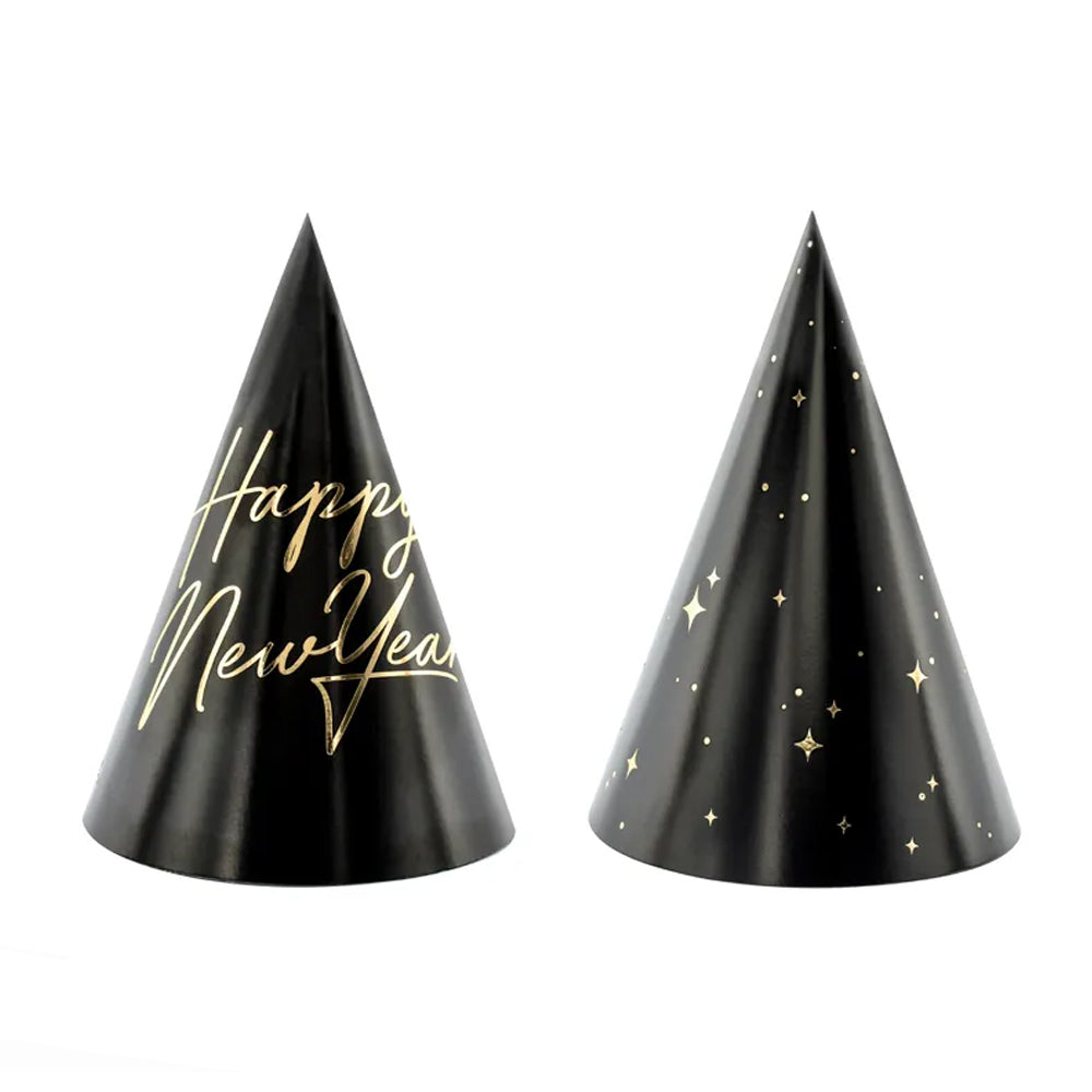 Happy New Year Black Cone Hats - Pack of 6