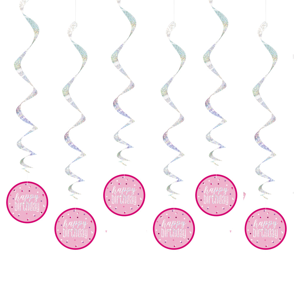 Pink Birthday Glitz "Happy Birthday" Hanging Swirl Decorations - Pack of 6