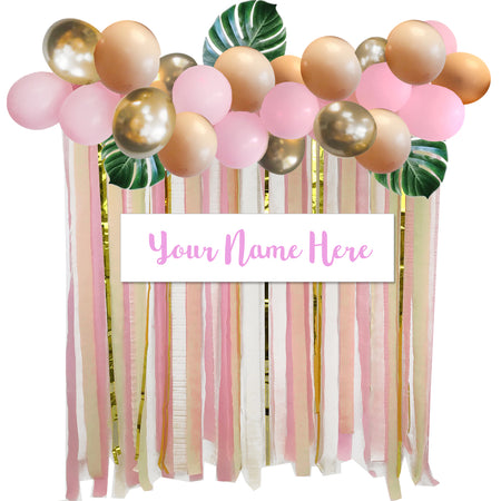 Personalised Pink & Gold Jungle Balloon Garland & Backdrop Kit