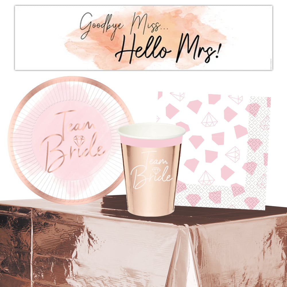Rose Gold and Pink Team Bride Hen Party Tableware Pack for 8 with FREE Banner!