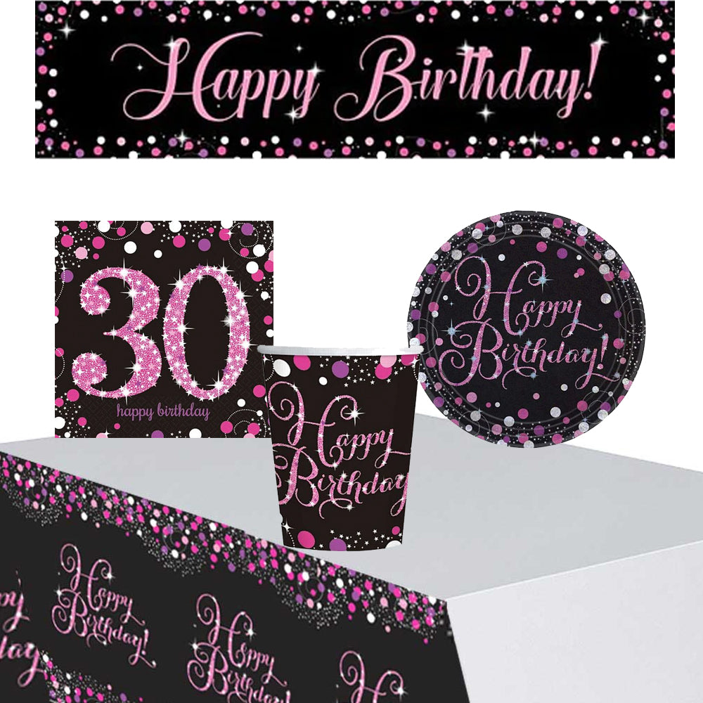 Pink Celebration 30th Birthday Tableware Party Pack - For 8 People with FREE Banner!