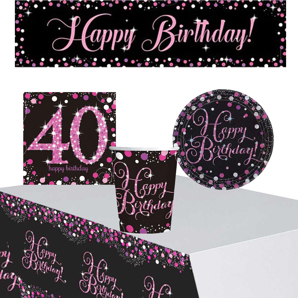 Pink Celebration 40th Birthday Tableware Party Pack - For 8 People with FREE Banner!