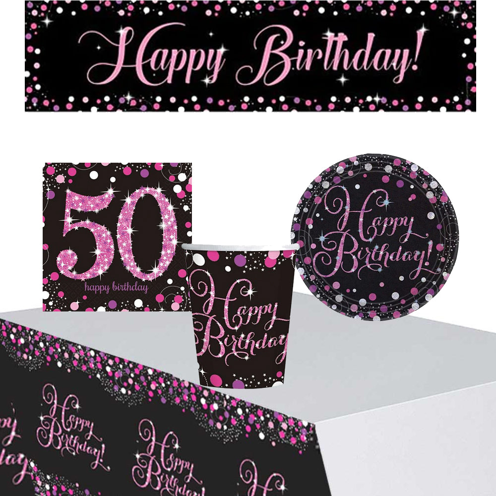 Pink Celebration 50th Birthday Tableware Party Pack - For 8 People with FREE Banner!