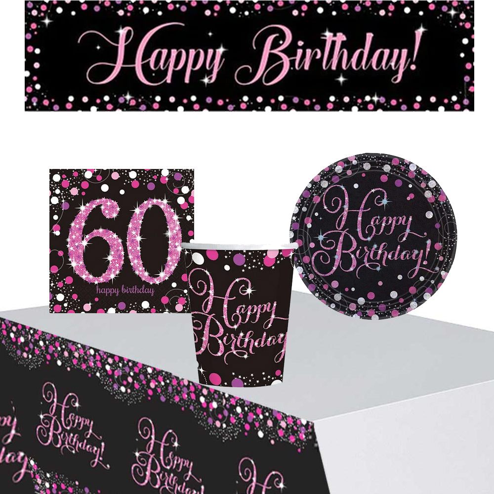Pink Celebration 60th Birthday Tableware Party Pack - For 8 People with FREE Banner!