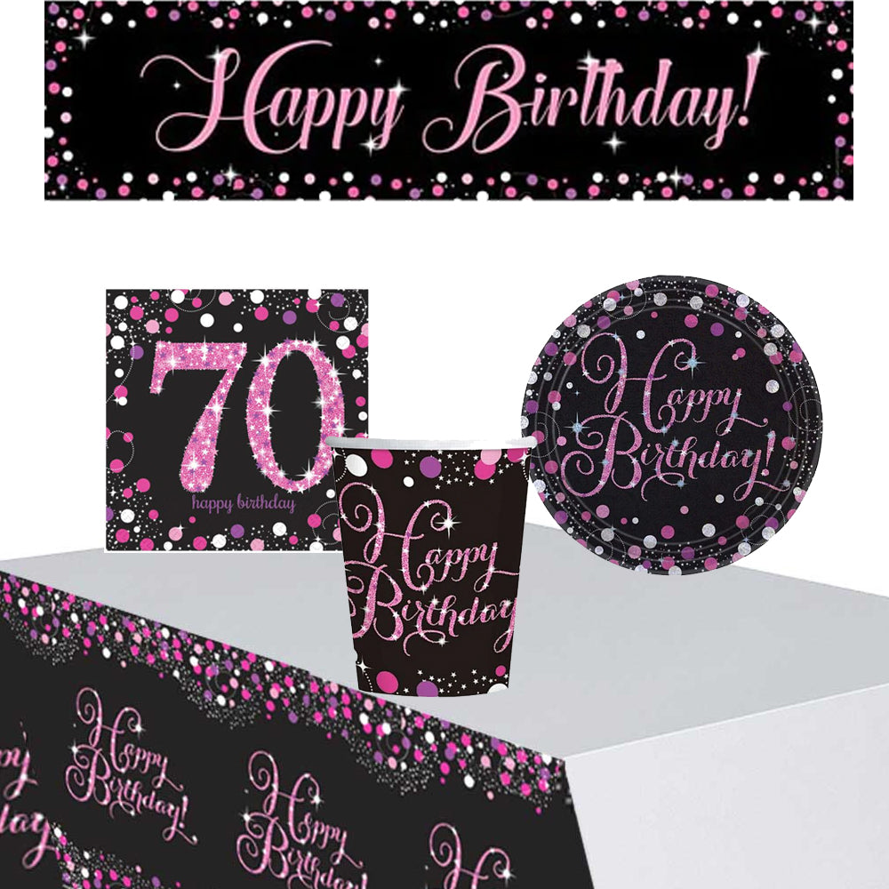 Pink Celebration 70th Birthday Tableware Party Pack - For 8 People with FREE Banner!