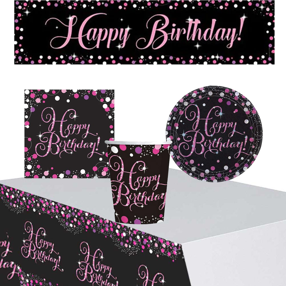 Pink Celebration Happy Birthday Tableware Party Pack - For 8 People with FREE Banner!