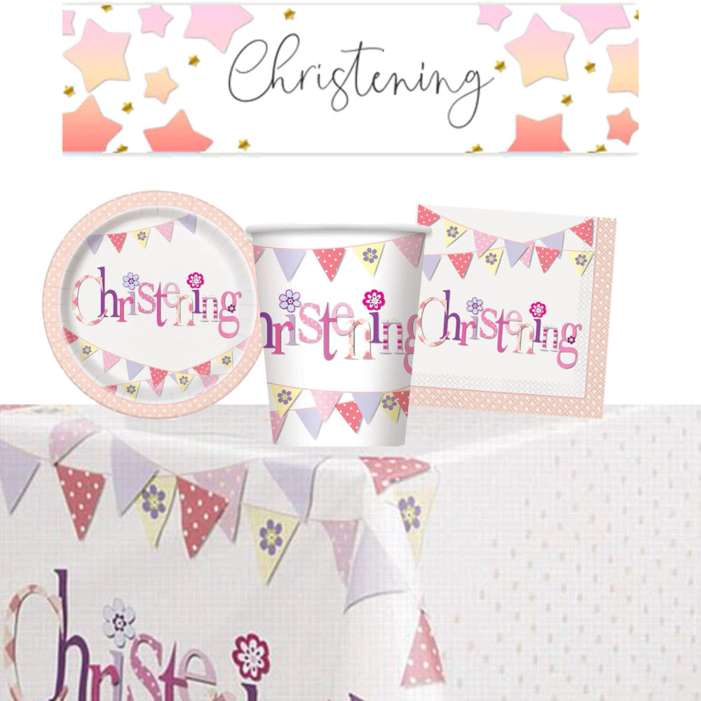 Pink Christening Tableware Pack for 8 With Free Banner!