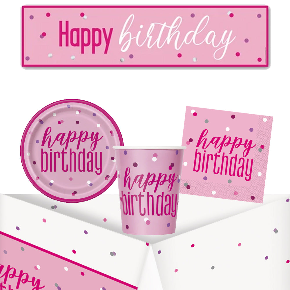 Pink & Silver Birthday Glitz Tableware Pack for 8 with FREE Banner!