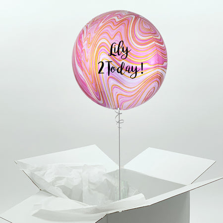 Helium Inflated Pink Marbled Orb Balloon with Personalised Text