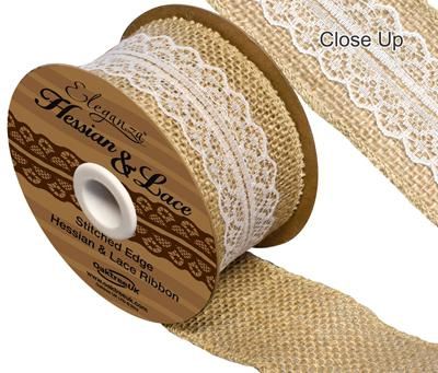 Hessian and White Lace Ribbon- 50mm Wide x 4.5m