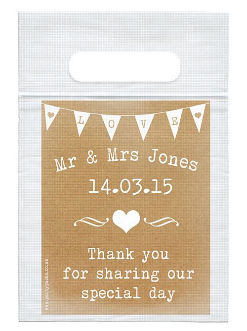 Personalised Brown Paper Rustic Card Insert Wth Sealed Party Bag - Pack of 8