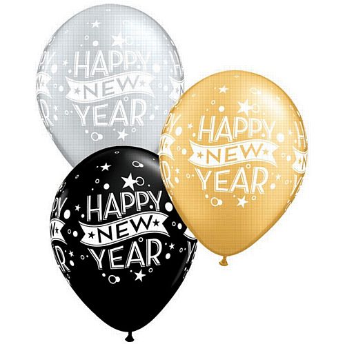 Happy New Year Black, Silver and Gold Qualatex Balloons - 27.9cm - Pack of 10